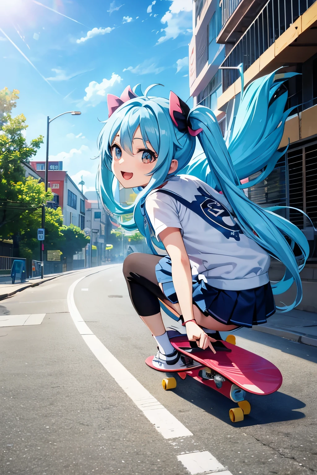 anime chibi character　bright smile　light blue long hair　twin tails　town street riding a skateboard anime style 4k,  Dynamic mode　Anime cute chibi characters　anime girl 