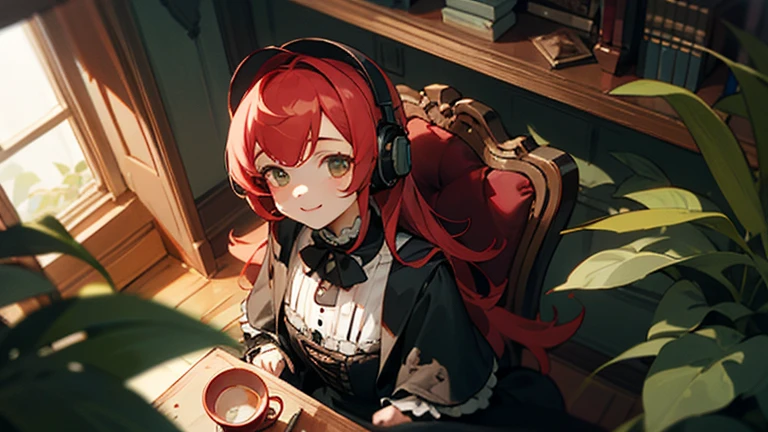 A girl relaxing in her study,long hair, headphones,,smile,gothic,Light pink and red hair,Gothic Lolita,Rose,black tea,fantasy,Foliage plant,look up