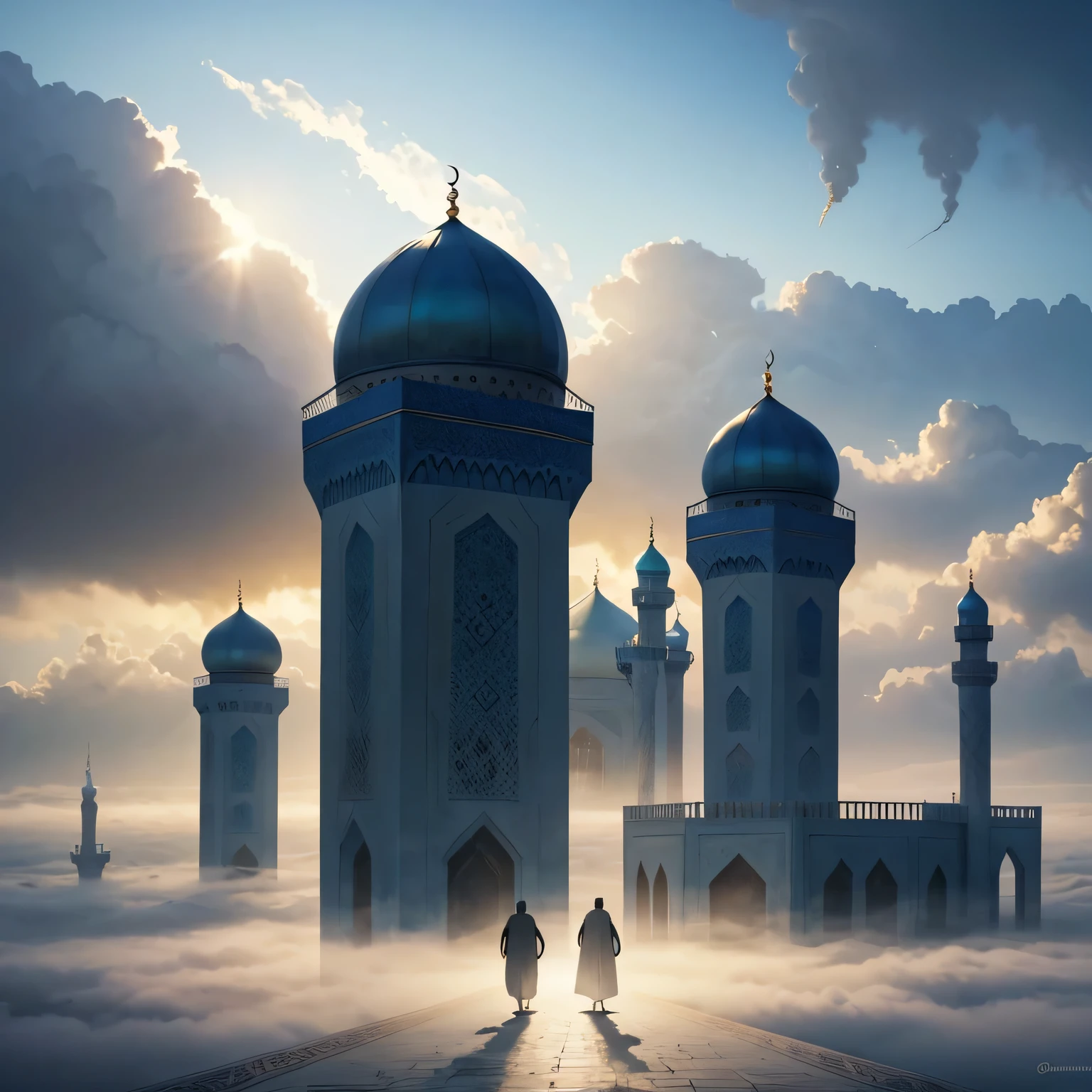 islamic men, back view, islamic era, walking towards mosque, built on clouds, carried to the sky. Fantasy style. Fantasy dreamlike art. Mystical, misty. Swirling watercolor, Surreal Harmony, quran, daylight, colorfull heavenly sky