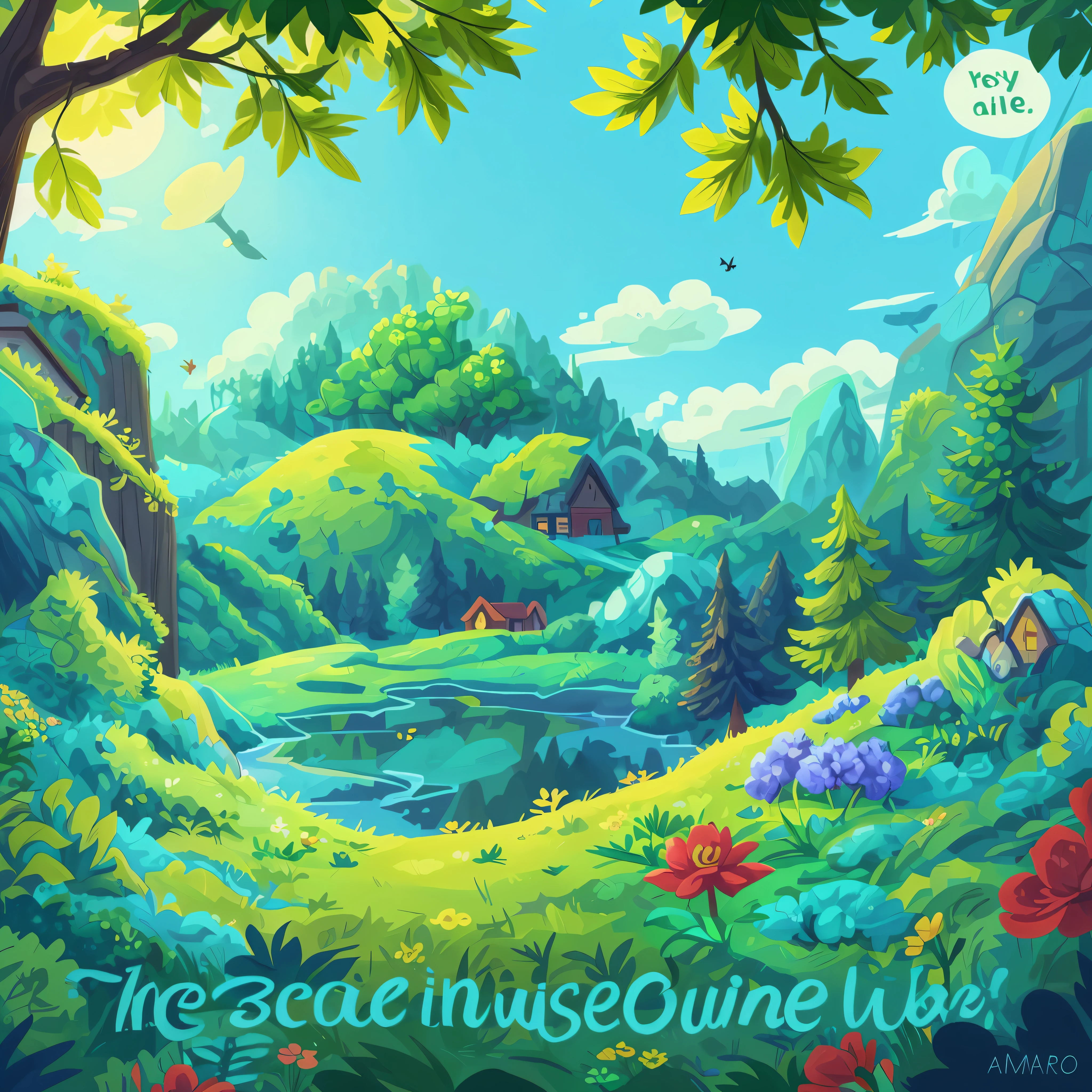 Earth Day poster,flatillustration, house,There are animals outside the house,edgBunny,There is a house on it,Room,A plant,Above is the sky,There are trees in the back,florals,scenecy,blue colors,green color,amarelo,simple backgound,Center composition,vivd colour,lightand shade contrast,hyper-high detail,4K,flatillustration