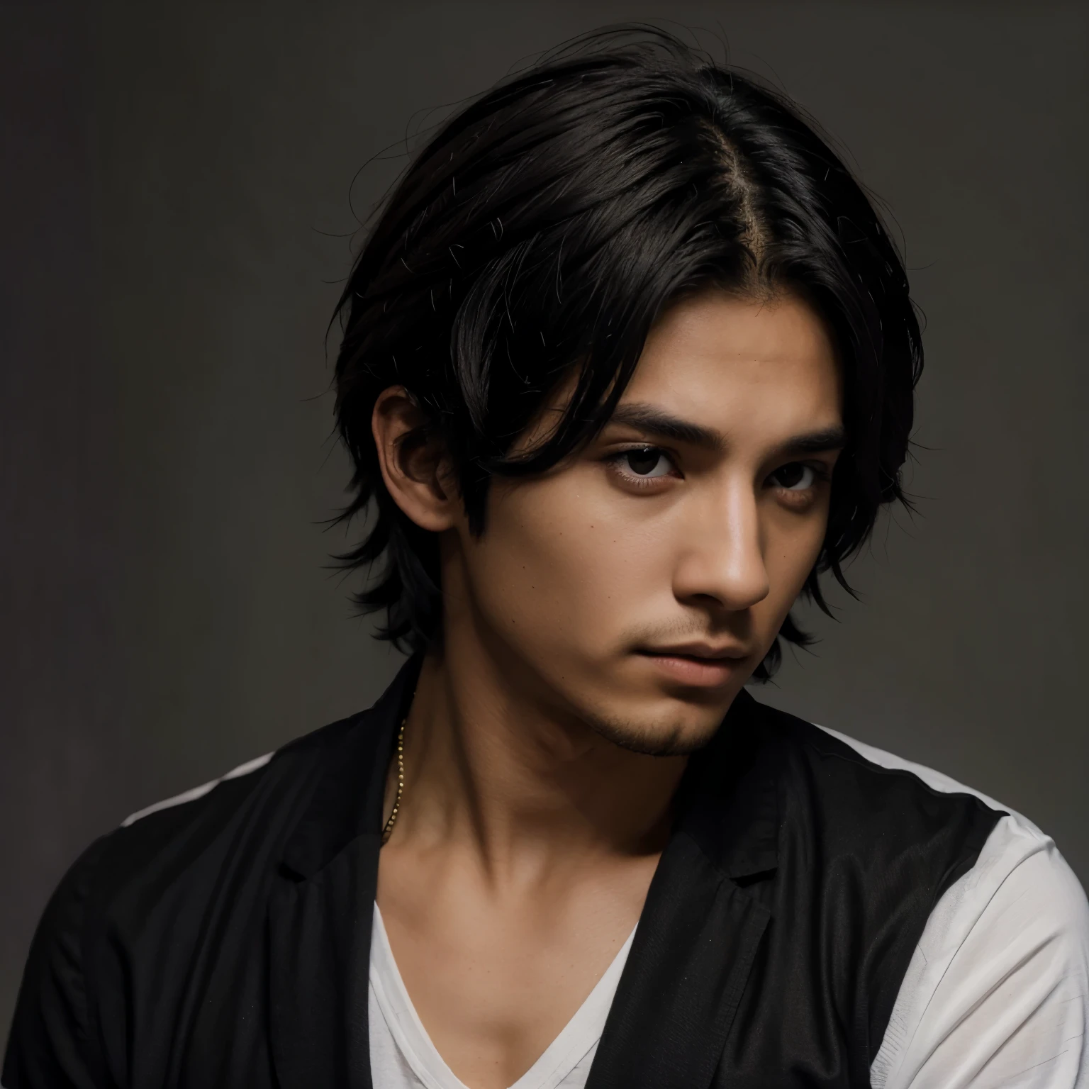 Estilo anime chico flaco y definido pelo negro serio ojos negros y una aura negra saliendo dde su espalda