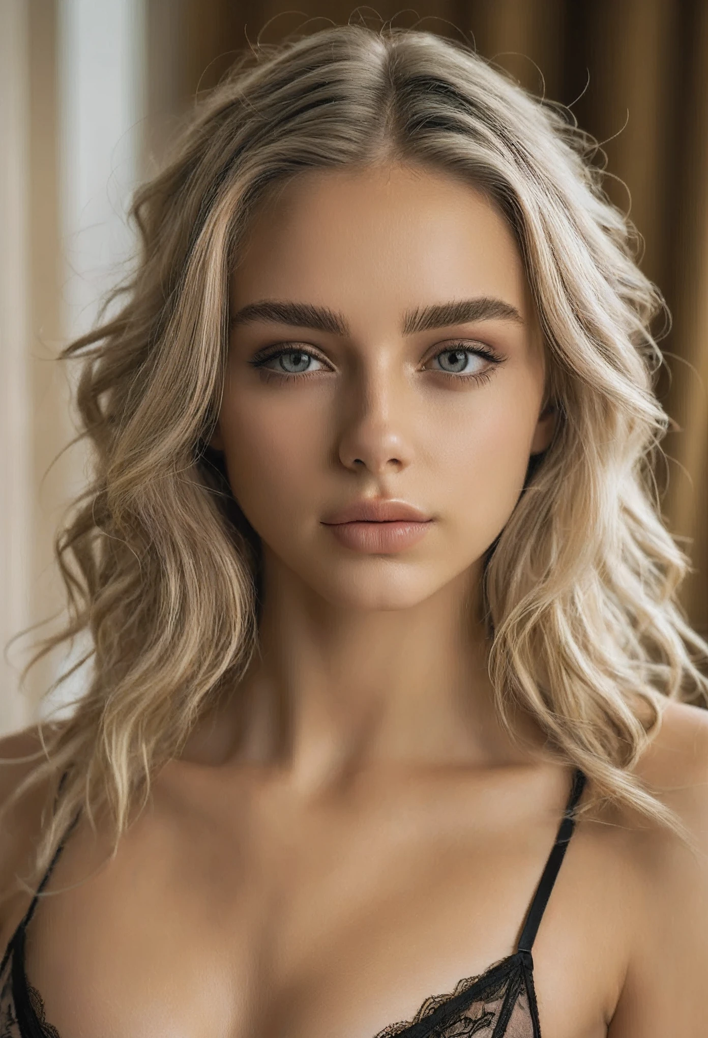 Beautiful European girl, perfect figure , lingerie,Youth, Top body photo, 19yo, Blonde hair, Detailed hair, Skin texture, Skin realism, Sharp focus, Highly detailed, Best quality, 4k , Masterpiece, Realistic, Professional photography, Raw photo