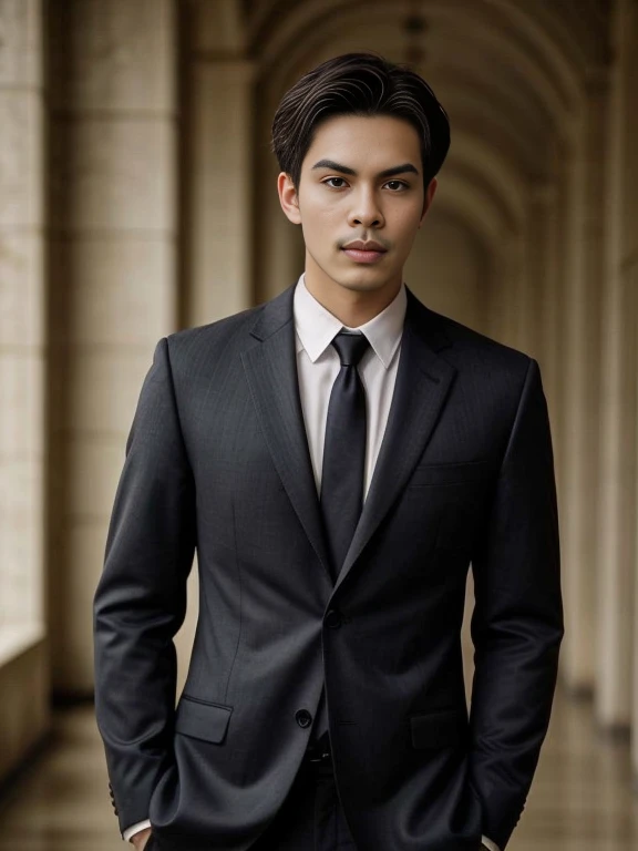 arafed man in a suit and tie standing in a hallway, wearing business suit, wearing black grey suit, wearing a business suit, wearing dark grey suit, Formal attire, suit , perfect face, wearing black business suit, wearing black suit, wearing suit, formal suit, wearing a black suit, Handsome and elegant, man in black suit, wearing suit and tie