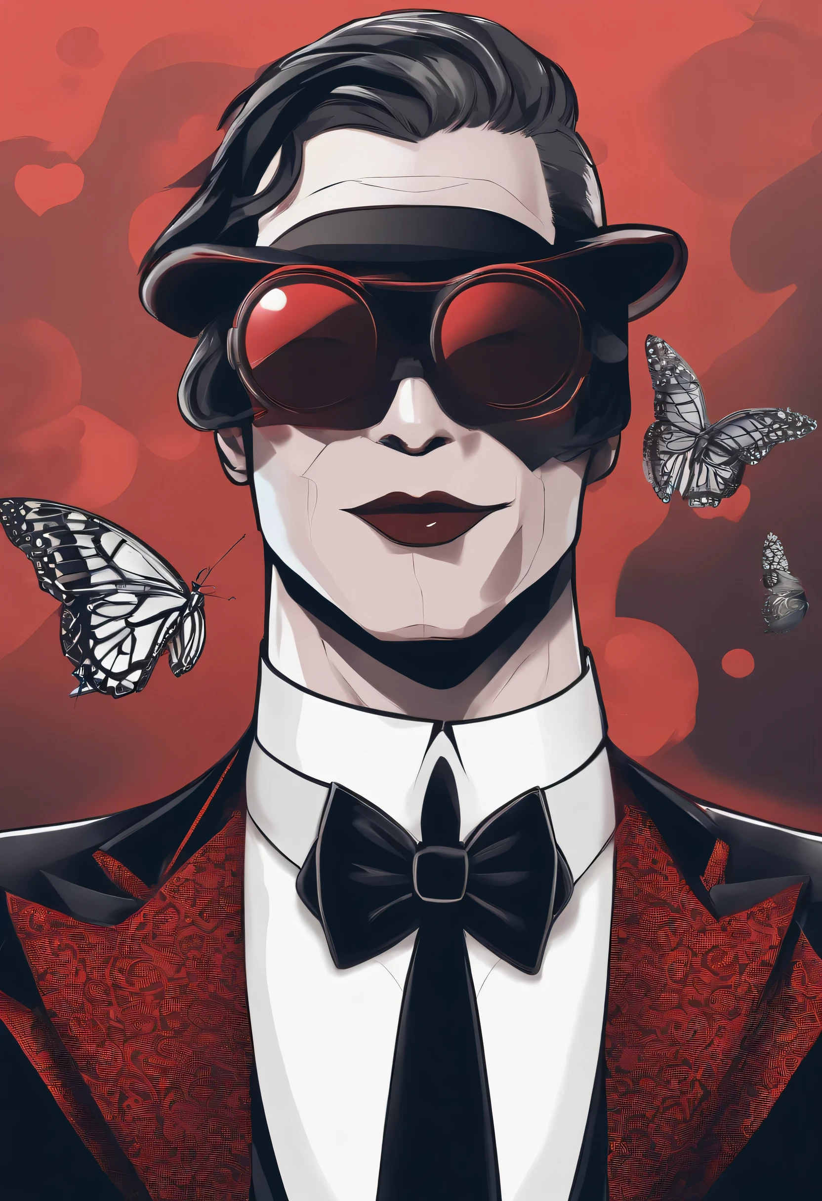 2 There&#39;s a man in a tuxedo and a mask with a bow tie, um rendimento baixo poli par Kanbun Master, reddit, arte digital, fumar, Foto do perfil do Discord, fvckrender, Discord PFP, Retrato NFT, elegante, Ele usa uma cartola, Samdoesart, Samdoesarts, Arte NFT, white mask