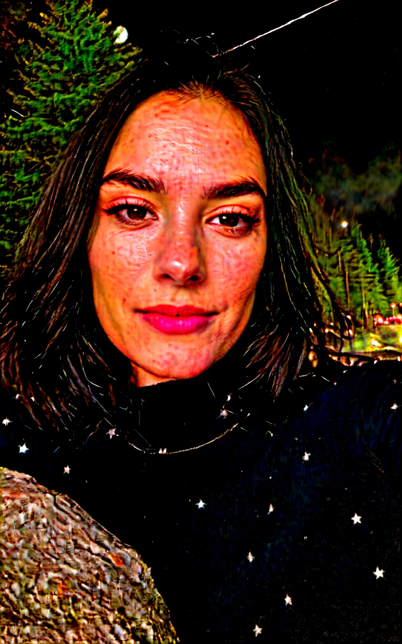 Photo, photo of a beautiful woman, selfie, upper body, One, wear a pullover, on open air, (night), Mountains, real nature, stars, moon, cheerful, happy, gloves, sweater, cap, the forest, rocks, River, wood, smoke, Fog, I look at the viewer, skin texture, photograin, close-up, RAW photo, dark hair, light, looks straight into the camera