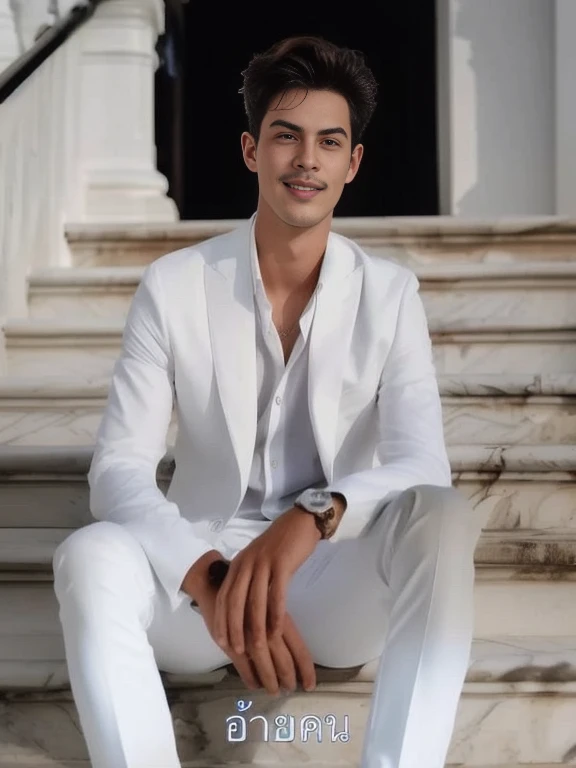 arafed man in white suit sitting on steps in front of a building, wearing white suit, white suit, wearing futuristic white suit, in white dress, wear white clothes, white suit and black tie, Handsome and elegant, Niwan Chandra, wearing a white tuxedo, Thawan Duchanee, All White, Rafael Pernaz