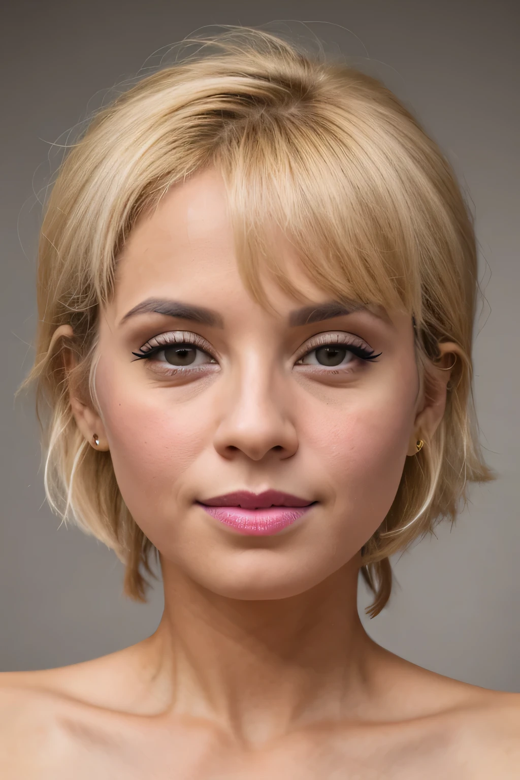 full face portrait photo, nude woman, short cropped style haircut, blonde, 35 years old, 25% African-American, 25%  Mexican, 25% Egyptian, 25% Iranian, plain neutral background, no shadows, uniform lighting, no beard, no facial hair, no shadows, even lighting, ring light, facing camera, face well lit