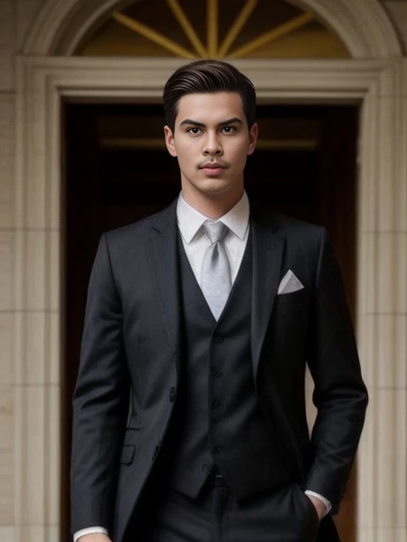 arafed man in a suit and tie standing in front of a doorway, Handsome and elegant, 3-piece-suit, suit and waistcoat, formal wear, Formal attire, wearing black grey suit, elegant suit, suit ， perfect face, intricate suit, three piece suit, wearing a stylish men's suit, wearing a black suit, wearing black suit