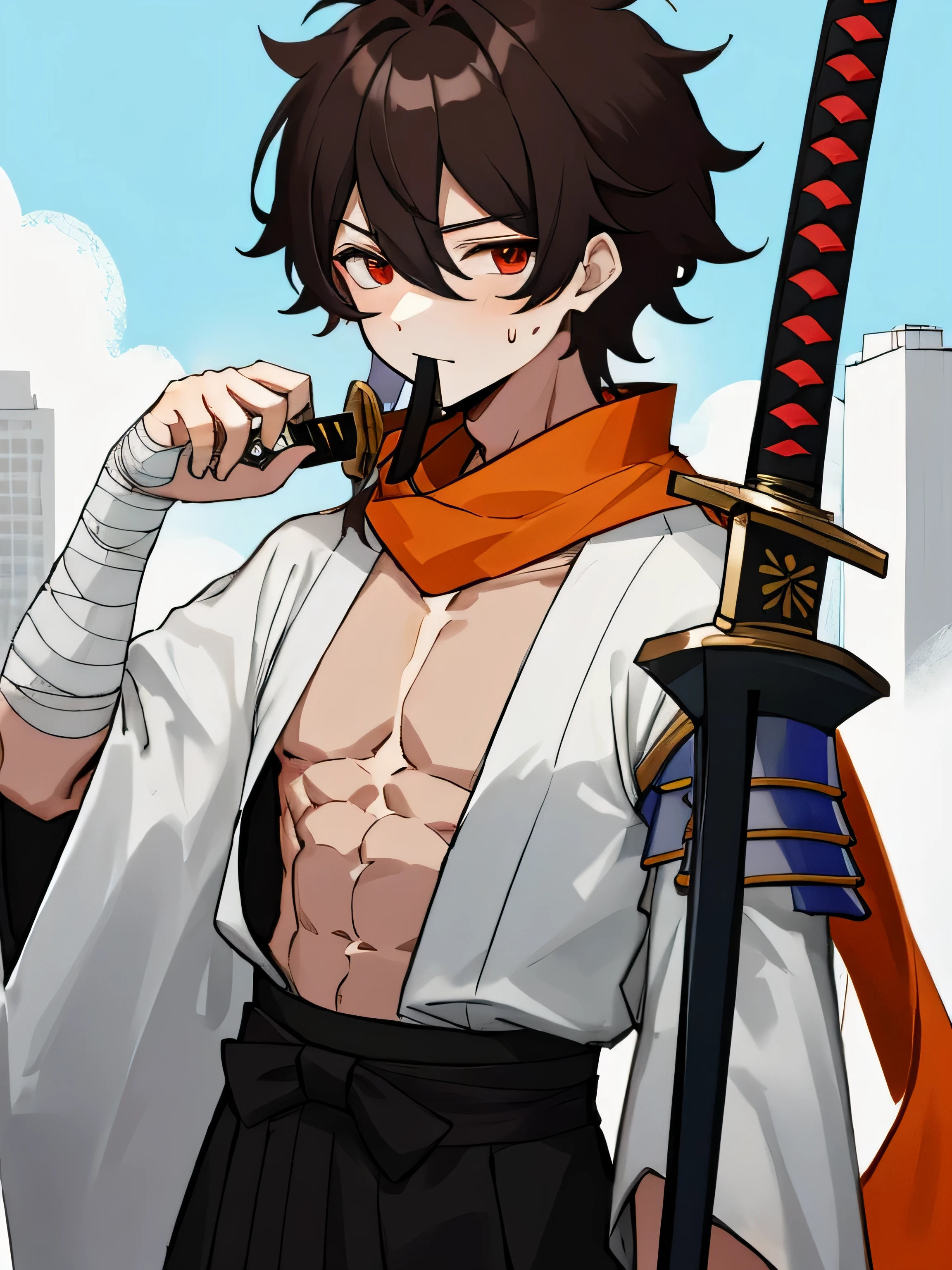 (masterpiece, best quality, absurdres, very detailed eyes), ? 1boy 1551131?  556961? alternate costume 326469? arm armor 1298? armlet 36405? armor 208102? bandaged arm 24601? bandaged waist 9? bandages 73950? brown hair 1623733? cosplay 159050? expressionless 92970? green kimono 7058? hadanugi dousa 1385? hair between eyes 985984? holding 1015266? holding sword 81974? holding weapon 200501? japanese clothes 380157? katana 60565? kimono 215033? leaf 82852? long scarf 569? male focus 634422? maple leaf 9665? messy hair 57428? mouth hold 73853?  6700? open clothes 428454? open kimono 10887? orange scarf 2342? pectorals 89150? red eyes 1274126? scarf 193178? 1695875? solo focus 370690? stalk in mouth 879? sweatdrop 188482? sword 265634? two-tone kimono 577? weapon 579228 blue sky clouds skyscraper cityscape cyberpunk