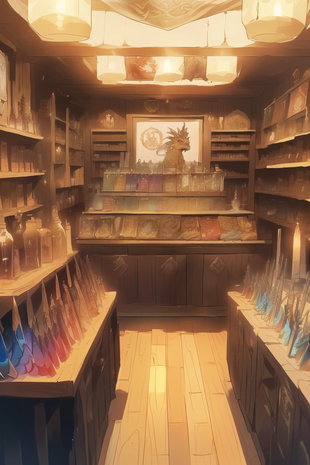 ((best In a bustling fantasy town, hidden amidst winding cobblestone streets, lies a photo-realistic scene of a captivating role-playing game weapon shop. The shop's entrance is adorned with a hand-carved wooden sign, displaying the name "Ironclad Arms" in bold, golden letters. As you step inside, you are enveloped by the scent of polished wood and faint hints of metal.
The walls of the shop are lined with an impressive array of shields, each one meticulously crafted and gleaming with enchantments. From mighty tower shields to elegant bucklers, they are arranged as if they were a defensive wall themselves. Light dances off their intricate designs, featuring emblems of noble houses, mythical creatures, and ancient symbols.
Behind a well-worn wooden counter, a wide variety of swords glisten, their blades reflecting the warm glow of nearby torches. Each sword tells a unique story, from slender and agile rapiers to hefty and devastating greatswords. They are displayed in ascending order of grandeur, allowing customers to choose their preferred weapon with ease.
On the shelves nearby, potion bottles of various shapes and sizes stand neatly arranged. Vibrant colors fill the glass containers, hinting at the magical elixirs contained within. Labels indicate their properties, offering rejuvenating healing potions, potent strength enhancers, and even mysterious concoctions promising otherworldly abilities.
Adjacent to the potions, wooden clubs of different lengths and thicknesses are labeled and organized, providing a more primitive weapon option for those who prefer a more straightforward approach. Each club showcases unique carvings, denoting the craftsmanship and care put into their creation.
In the center of the shop, a wanted poster captures attention. A sketched illustration of a fierce dragon, its scales rendered in intricate detail, is prominently displayed. The poster offers a substantial reward for anyone brave enough to face this legendary creature, enticing a