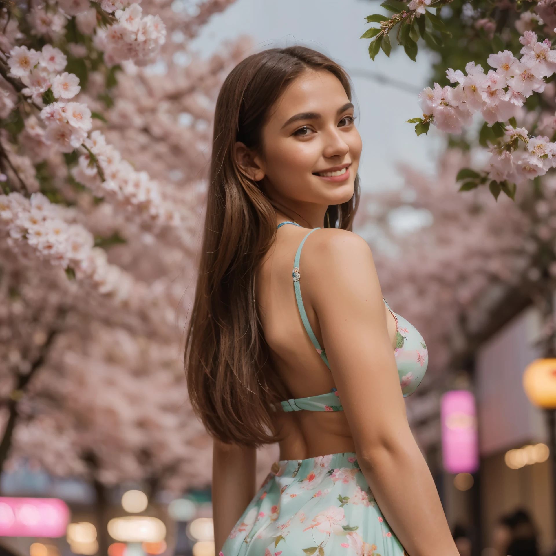 A low angle back shot of a young seductive and influencer, 27 years old, sensual style, ((medium large breasts:1.1)), ((green eyes)), ((Charming smile:1.3)) ((brown hair)) ((Long straight hair: 1.1)), perfect ass, thin waist, bdsm. Wearing a floral print midi dress with puffed sleeves. Captured on a cherry blossom tree background in Japan at night ((semi blurred pink neon lights bokeh background at night)). Iphone 14 pro max triple front camera, lights and shadows, still unedited, ((best quality)), ((masterpiece)), ((photorealistic)), ((ultrarealistic)), ((epic realism)) ((detailed)), good hands, ((lora: GoodHands-beta2:0.8))