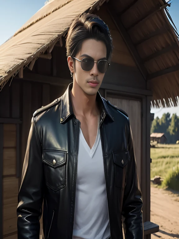 An Araffe man wearing a leather jacket and sunglasses stands in front of a hut., Inspired by Adam Dario Kiel, Portrait, handsome man, Profile picture, Rafael Pernaz, Rick Dai, Anton Fadeev's style, In the style of Kirill Kotachev, According to the style of paying homage to the family, Portraitกลางช็อต, The promotion is still on., handsome man