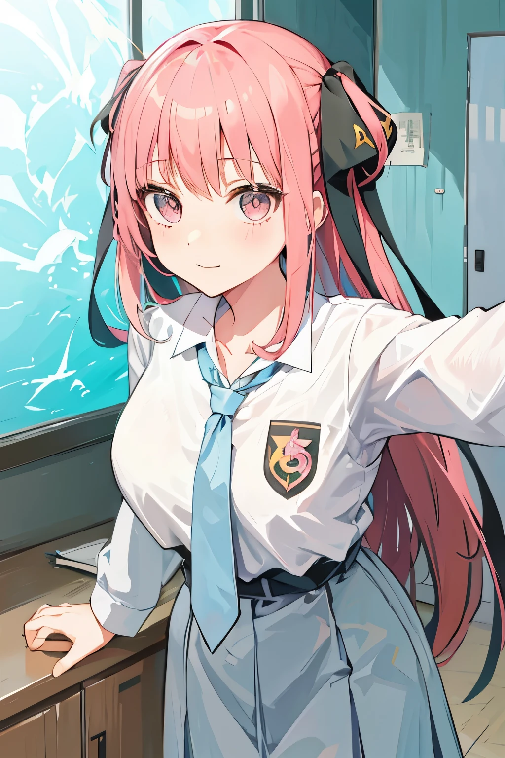1girl, nakano nino, realictic, ultra detail, school dress, long hair, pink hair, beautiful face