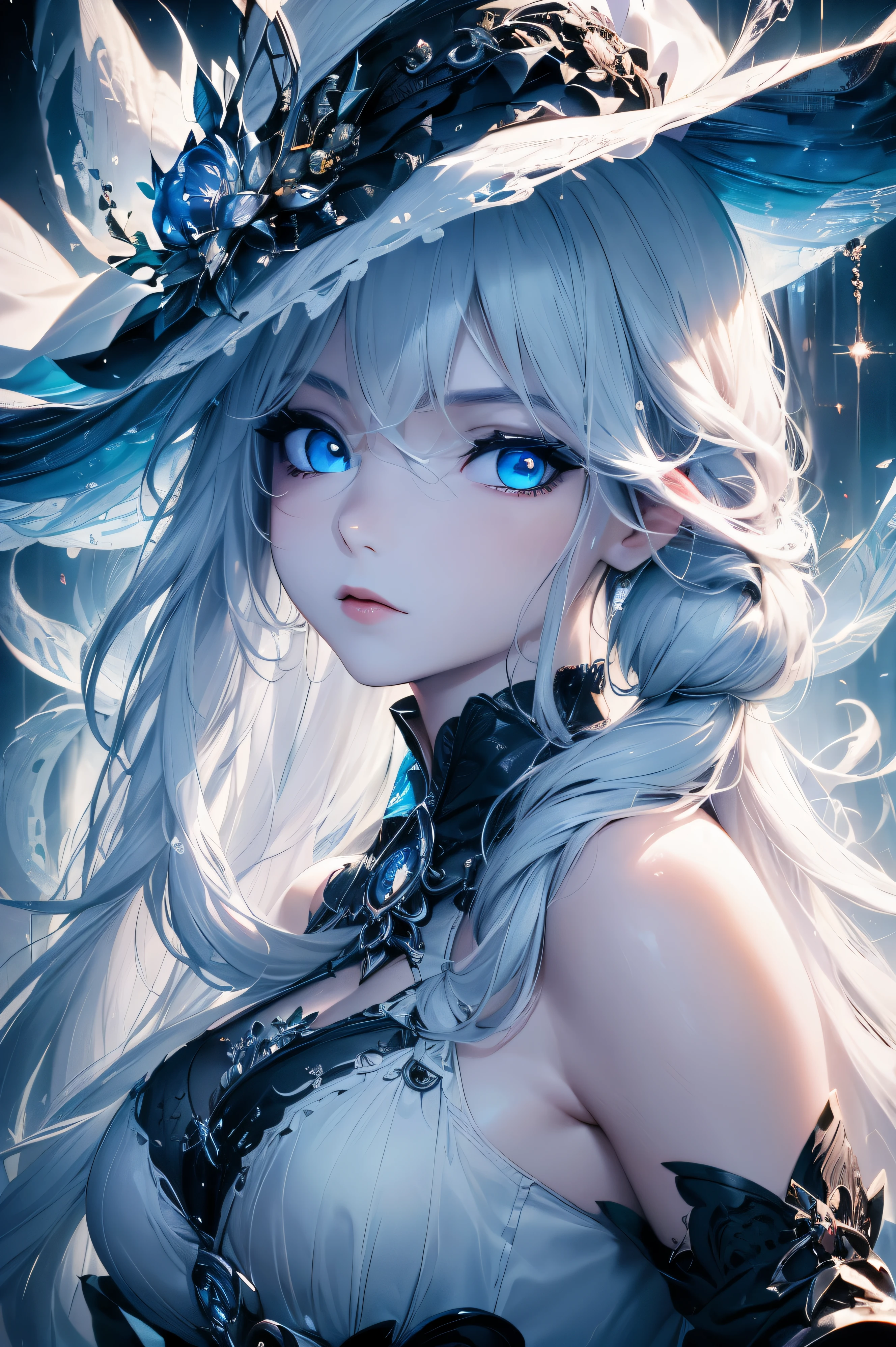 4K quality:1.2,1girl,sense of deps,disorganized,catch light,Super beautiful illustration,((White,long hairstyles:1.3)),dark dark eyeshadow,(((4k,super beautiful,In detail,blue eyes))),bright red lipstick,gothic ta,;D,beautiful and delicate hair