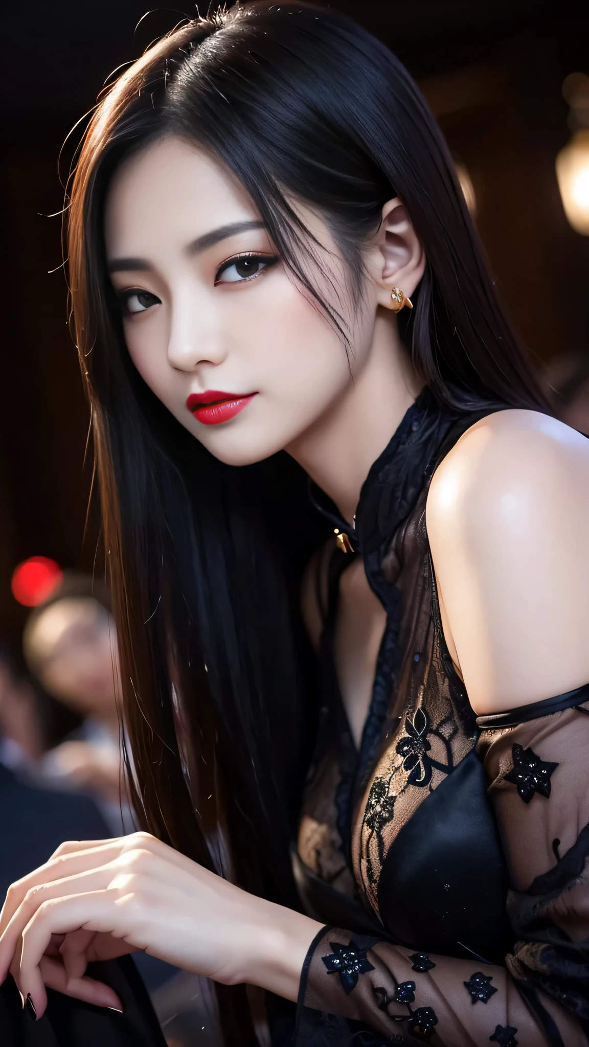 tra-detailed、Japanese、attractive beauty、seductive adult woman、pretty woman、piercing eyes、cool girl、Long Black and Gold Cheongsam、wide sleeves、Evil cadres、evil depravity、brainwash、mind control、lipstick、lip gloss、dark makeup、smirk、whisper in your ear、Evil expression、evil、hollow eyes,half-closed eyes、empty eyes、evil、church at night、vampire、succubus、vampire、Swear allegiance、sexy pose