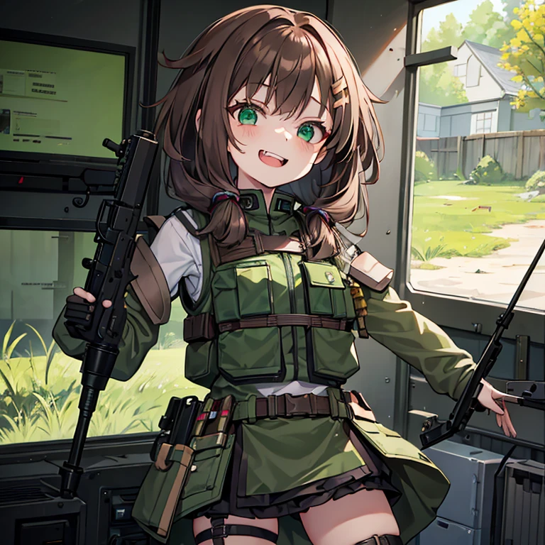 A Very tiny Young Girl with pinky brown hair, with a metal prosthetic in place of one of her legs, wearing a green military outfit, wearing a bulletproof vest, holding a rifle on her shoulder, looking at the screen with an evil expression and a frightening smile as she hovers in the air