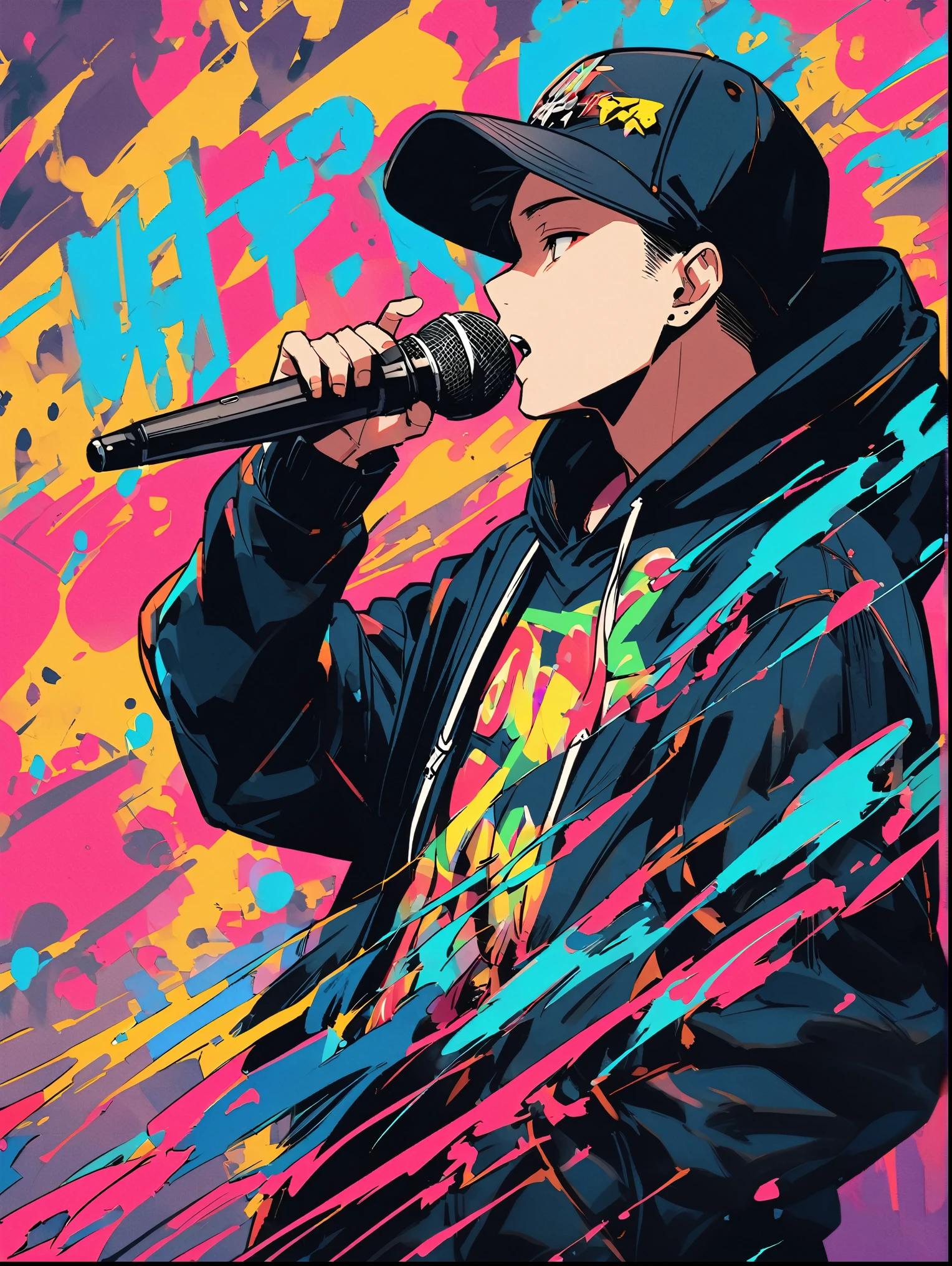 Output in anime style、A man of strong conviction stands、He's a Japanese rapper trying to get his point across on the microphone.、He's wearing a hoodie and a hat under the hood、His face was hidden by the hood of his hoodie.、profile、The microphone he holds is full of soul.、feel a passionate belief、Output like graffiti