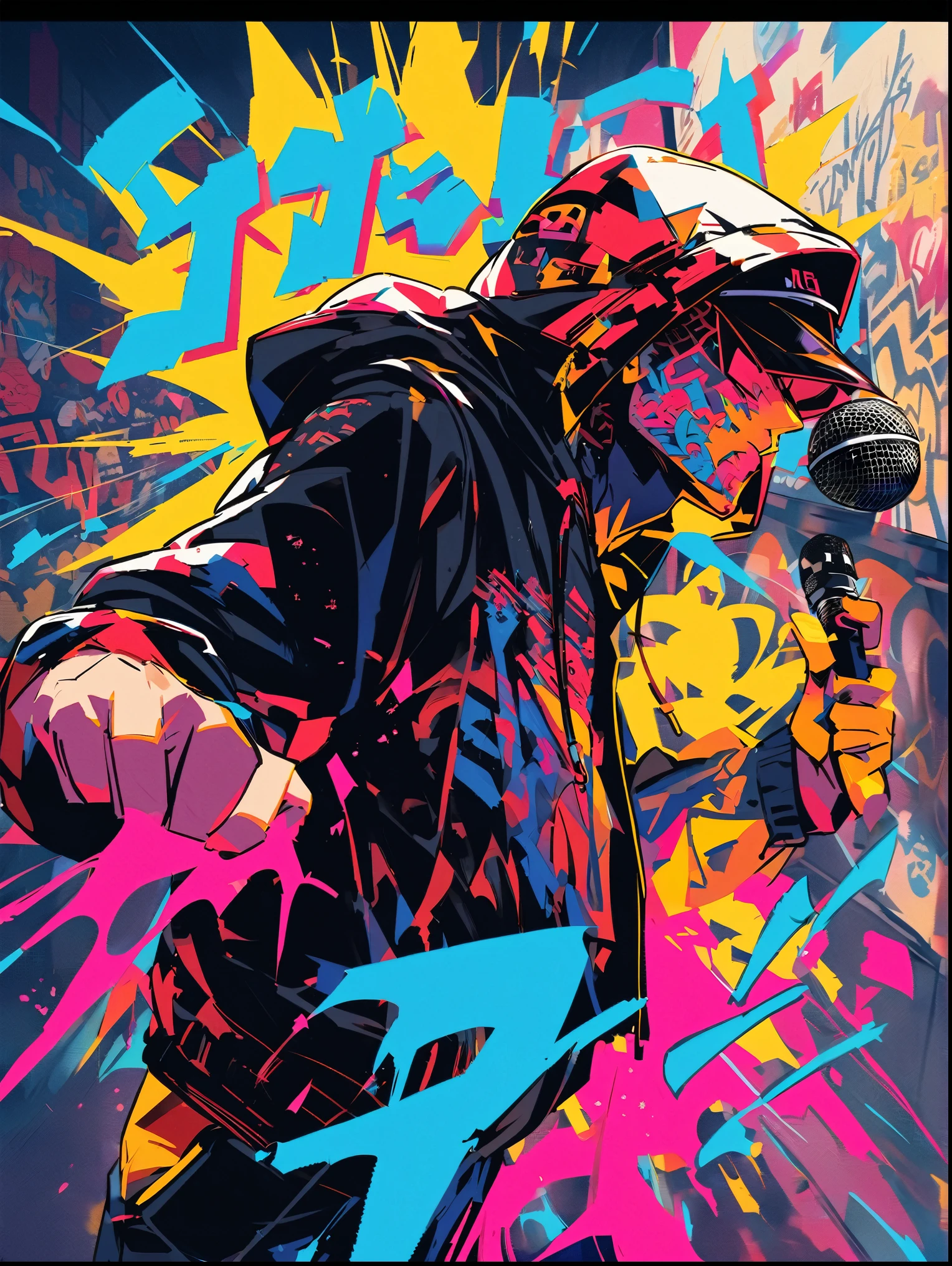 Output in anime style、A man of strong conviction stands、He's a Japanese rapper trying to get his point across on the microphone.、He's wearing a hoodie and a hat under the hood、His face was hidden by the hood of his hoodie.、profile、The microphone he holds is full of soul.、feel a passionate belief、Output like graffiti