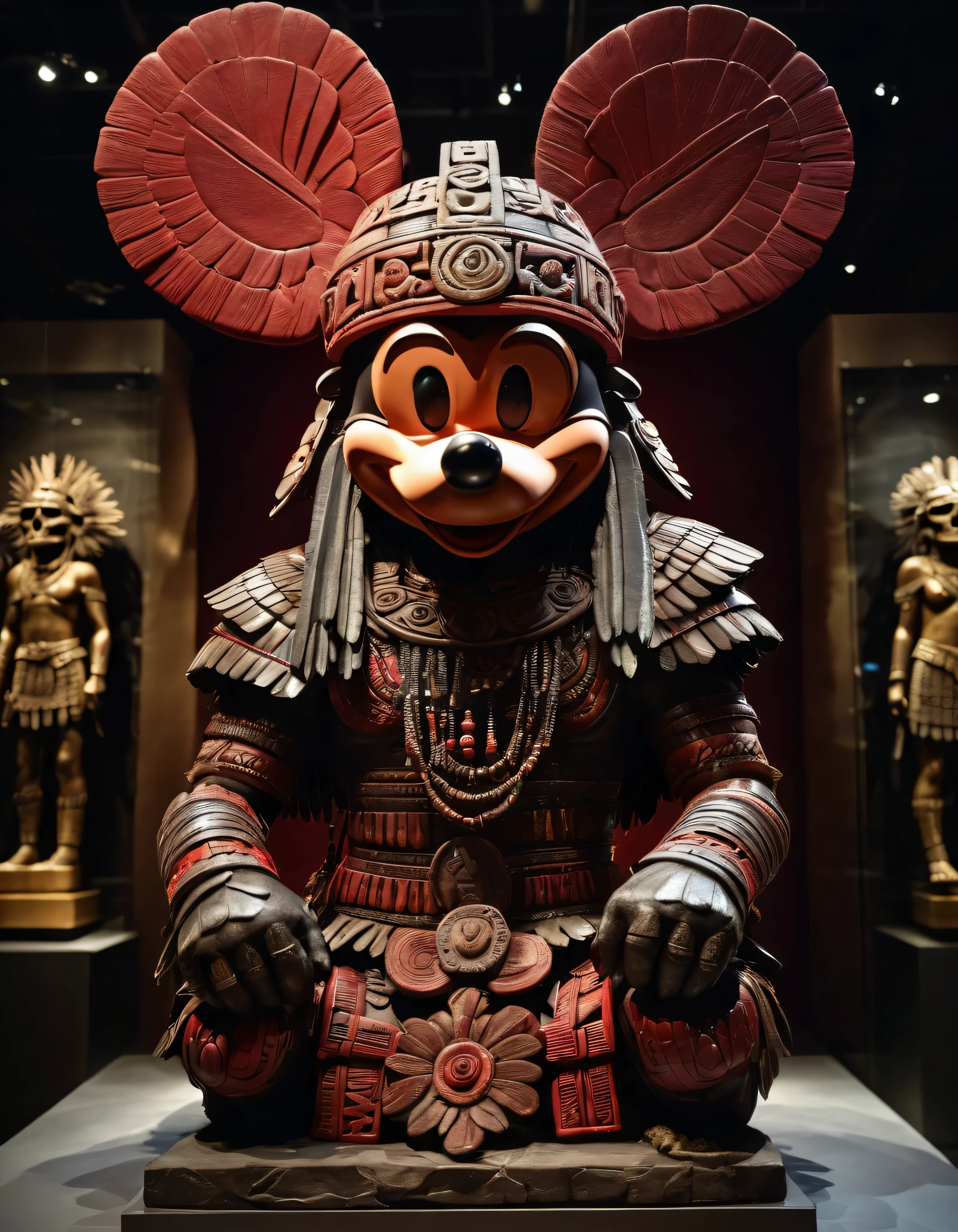 (masterpiece, best-quality:1.2) Photo of a [basalt-statue] of (mickey-mouse:1.2) as a (aztec-god) headdress displayed in a (museum) (feathers) holding (skulls, weapons) (tribal armor) (shoulder-plates) (low-angle) (quarter-view)  isometric intricate powerful, menacing focused professional lighting (detailed highres  high saturation UHD) (red)