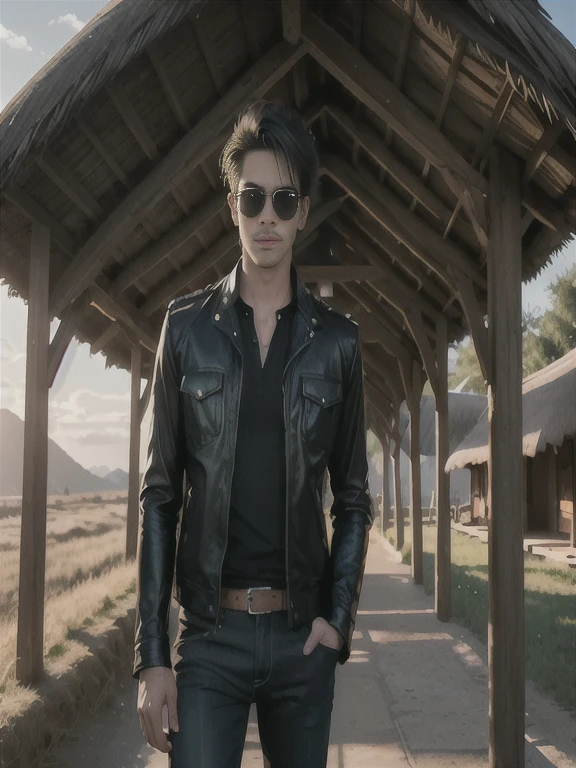 A man wearing a black leather jacket and sunglasses stands in front of a covered area., leather clothing, leather clothes, leather clothing and boots, Portrait, Rafael Pernaz, wear leather, handsome man, Wear a leather biker outfit., Charming and good looking, Wear a full-body leather suit., model, In the style of Kirill Kotachev, attractive man