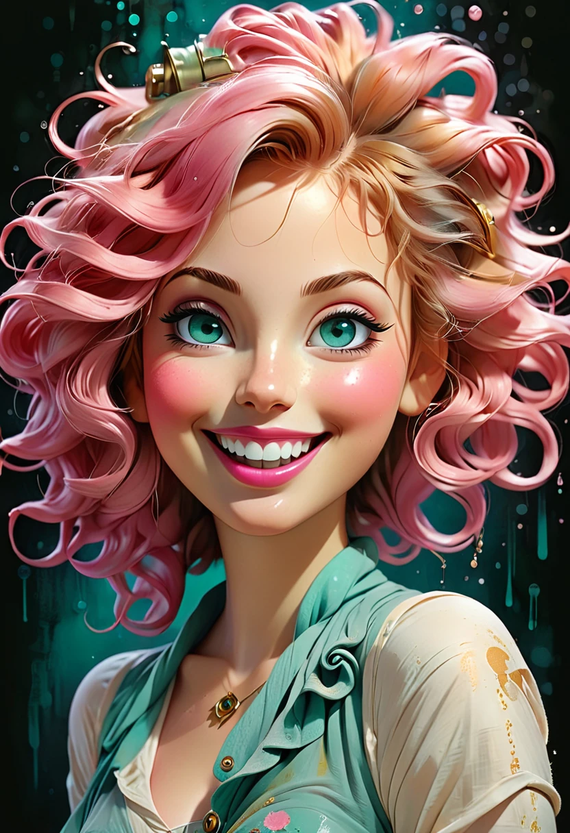 mix media art by MSchiffer,MaryJurgens, Lindsay Finch, Illustration of a pretty girl ((full body)) ((smiling))with very big teal colored eyes, rosy realistic lips and cheeks, big coils in coily brownish-pink hair, golden-brown accents, ink drops, nuanced colors, canvas smooth texture, crafty style, washed colors, gesso drops, cold winter colors, centered image, cute pointed ears, (( high quality portrait)) ((master-visual)) ((balance between light and dark tones))