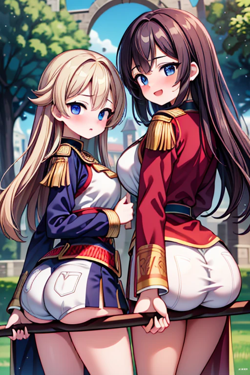 2 ragazze diverse viste da dietro,ass support,guardandole da dietro,grande culo,grandi tette,felice di stare con te,enorme culo,enormi tette,ultra-highres, ultra-detailed, best quality,perfect hands,2 ragazze,holding sword, medieval uniform
