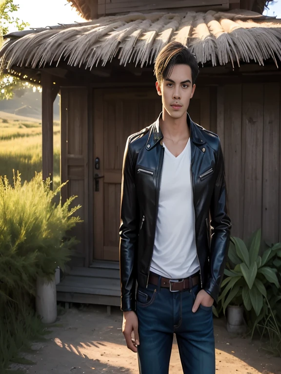 ชายชาวอาราฟWear a leather jacketยืนอยู่หน้ากระท่อม, Inspired by Jorge Jacinto, Inspired by Adam Dario Kiel, handsome man, Wear a leather jacket, leather clothing, model, photography, Leather jacket and denim jeans, wear leather jacket, leather clothes, Wear a leather jacket, wear leather, Rick Dai, leather clothing and boots
