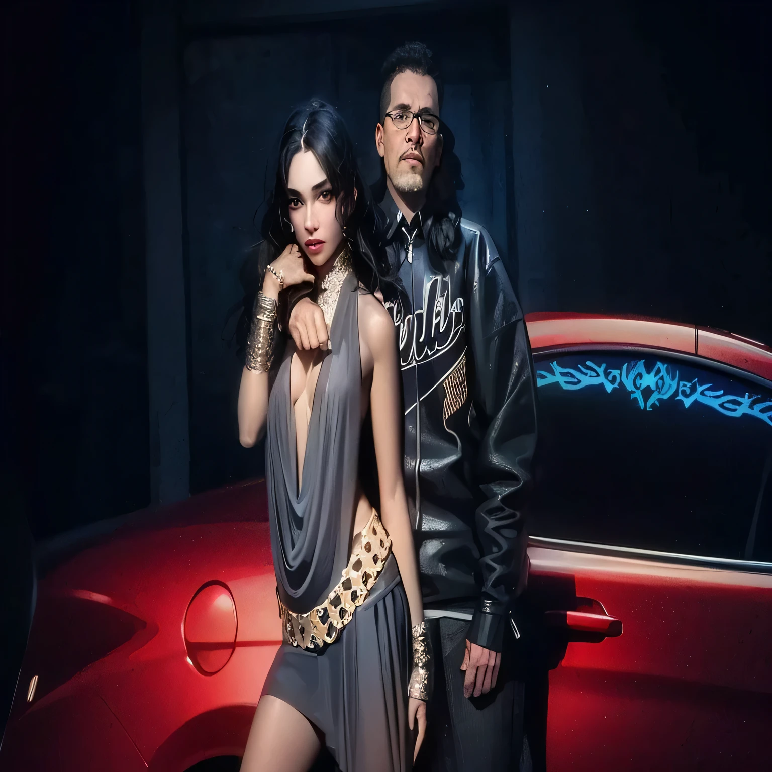 Araffe e uma mulher parada ao lado de um carro vermelho, arte oficial, photoshoot, charli bowater e artgeem, Marco Ariano, imagem promocionals, music video, promotional session, foto promocional, parody work, charli xcx, editado, imagem promocional, official music video, photoshoot, still from a music video, promotion still, por Micha Klein