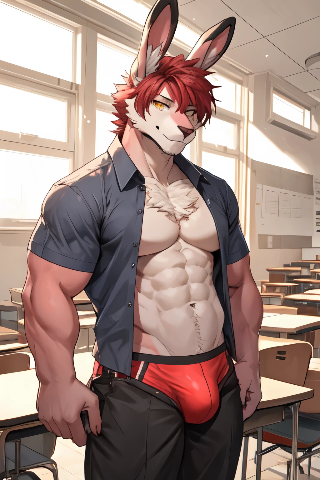 ((best quality)), ((masterpiece)), (detailed), perfect face, bara furry, rabbit man, big body, pink skin, short jackson wang red hair, yellow eyes, perfect eyes, long rabbit ears, handsome, at school, opened shirt, red underwear