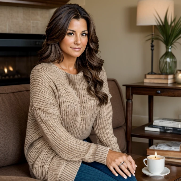 (masterpiece, high resolution, photo-realistic:1.3), Karla Jaeger seated on a plush couch in a warmly lit living room, (intense brown eyes:1.2) reflecting the ambient light, her (flowing chestnut locks:1.2) cascading over her shoulders, dressed in a (comfy oversized sweater:1.2) and leggings, a cup of steaming tea cradled in her hands, a stack of books on the coffee table beside her, inviting viewers to join her in a moment of relaxation