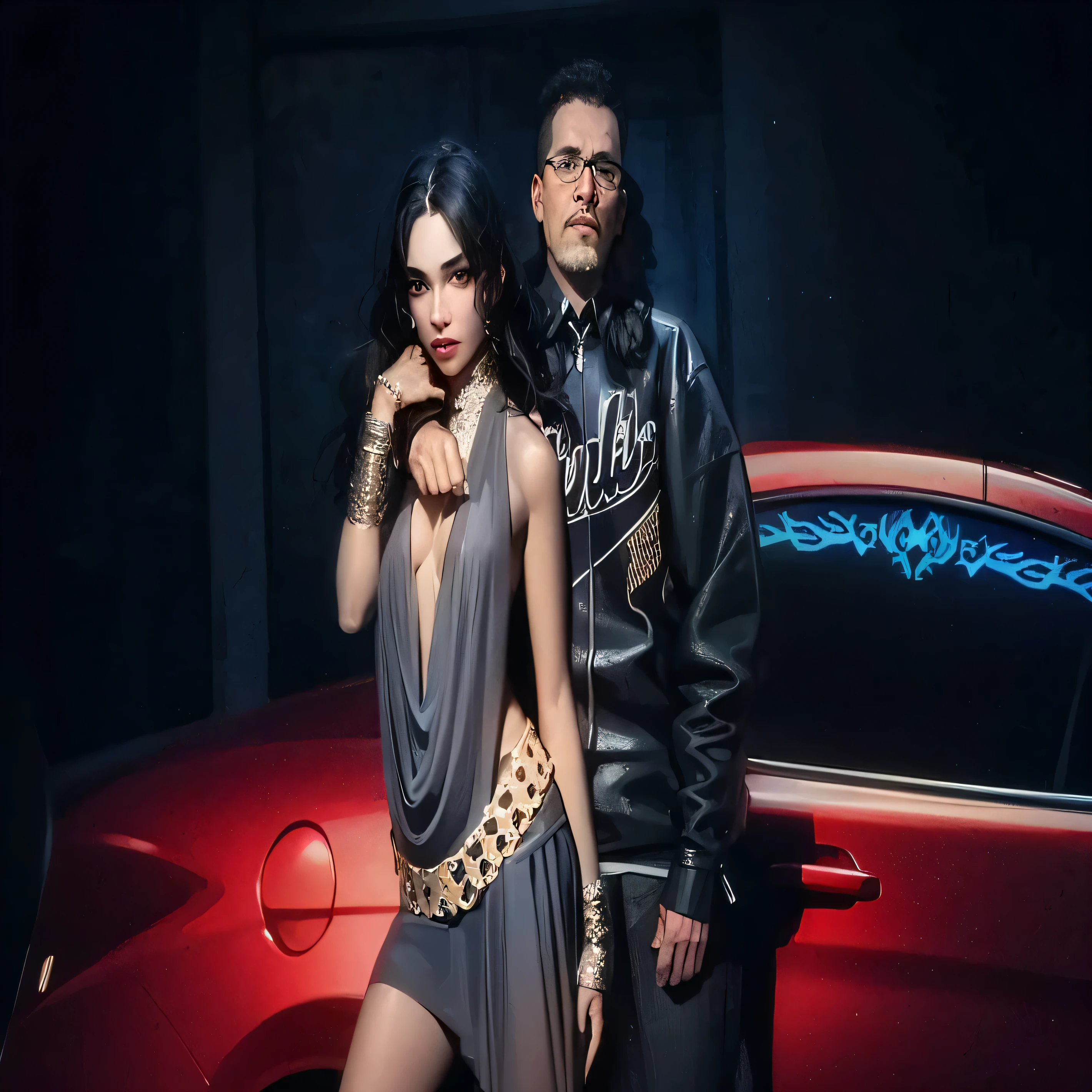 Araffe e uma mulher parada ao lado de um carro vermelho, arte oficial, photoshoot, charli bowater e artgeem, Marco Ariano, imagem promocionals, music video, promotional session, foto promocional, parody work, charli xcx, editado, imagem promocional, official music video, photoshoot, still from a music video, promotion still, por Micha Klein