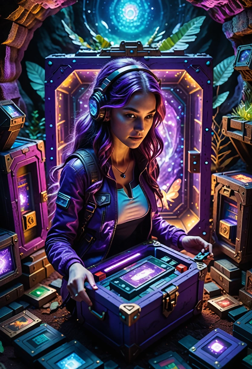 (best quality,4k,8k,highres,masterpiece:1.37), ultra-detailed, (realistic,photorealistic,photo-realistic:1.37), (aerial view), (top down perspective), (1insectoid girl), (the focal point is a girl pulling a video game cartridge out of a futuristic artifact chest full of retro video game cartridges:1.6), (the girl is looking at the box:1.4), (Futuristic artifact box), (the artifact box is open), (The scene unfolds inside a mystical cavern:1.4), fractal_body, (The girl is wearing an organic exoskeleton, covering her entire body, made with glass details:1.5), (dynamic angle:1.37), (The girl's hair is made of fractal technologic components:1.5), (fantasy and sci-fi mixed:1.5), holographic glitch effects floats around the girl, vibrant colors, (A purple glow emanates from inside the treasure chest), glowing lights, (abandoned machinery), (there are old video game cartridges and consoles on the background), mystical creatures, pixelated details, (there are crystal formations spreading on the background), (futuristic technology), (ancient artifacts), mystical energy, vibrant retro aesthetic, atmospheric lighting, ancient ruins, mysterious symbols, shimmering water, lush vegetation, interdimensional portals, nostalgic atmosphere, immersive storytelling, epic adventure, delightful surprises