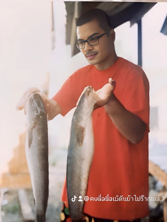 There was a man holding two fish in his hands., fish man, Proudly holding a salmon, fish in the back, Shot with Kodak Portra, Approximately 19 years old, holding a squid, Wear a fisherman&#39;s outfit 🧥, verticality of photo, small pellets, Full characteristics, Shot with polaroid Kodak Portra, old color photos, holding a fish in his hand