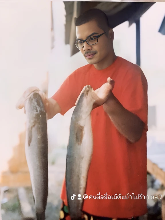 There was a man holding two fish in his hands., fish man, Proudly holding a salmon, fish in the back, Shot with Kodak Portra, Approximately 19 years old, holding a squid, Wear a fisherman's outfit 🧥, verticality of photo, small pellets, Full characteristics, Shot with polaroid Kodak Portra, old color photos, holding a fish in his hand