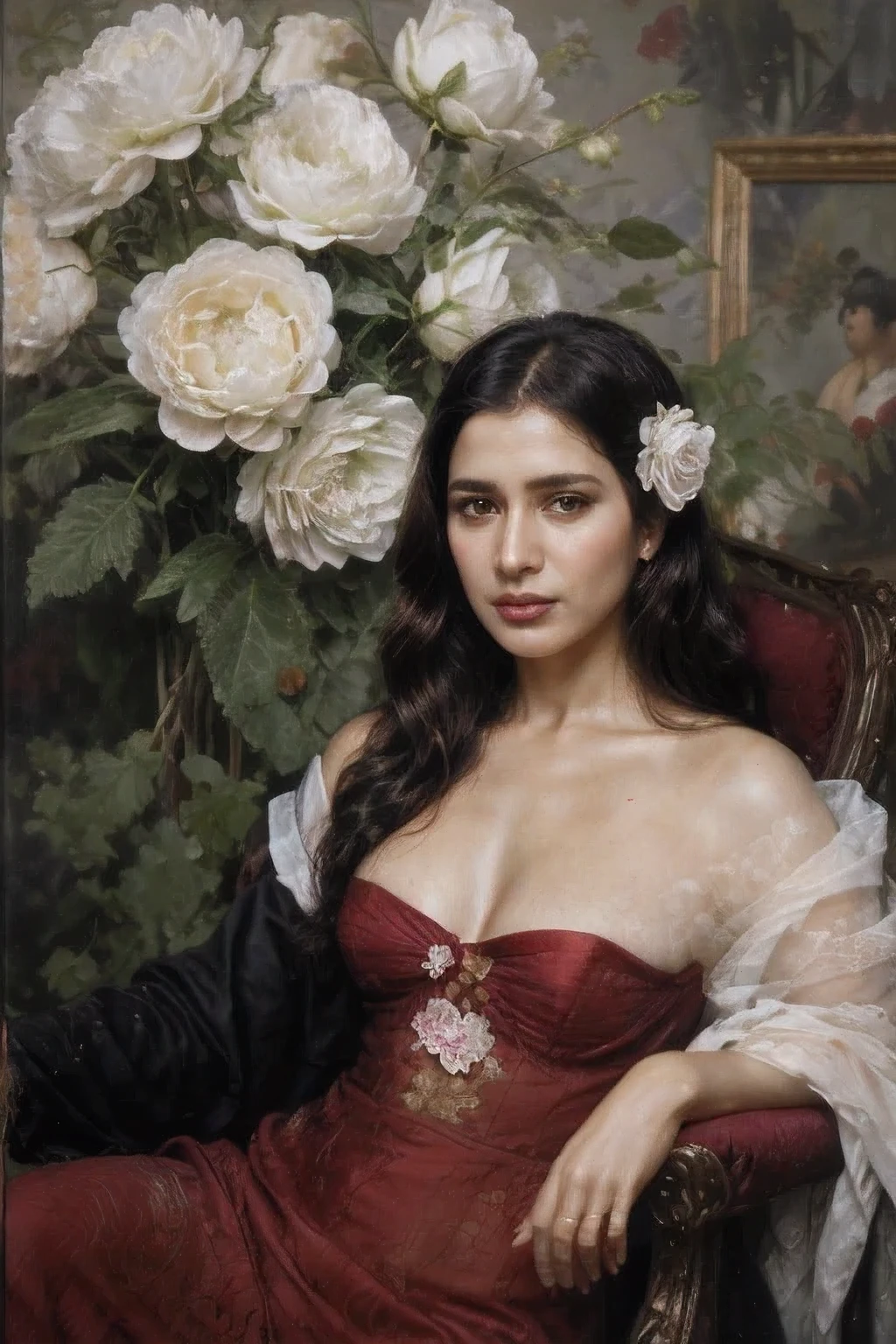 A renaissance full body portrait of middle aged Indian Woman white flowers in her hair sitting under a red peony flower, detailed skin, topless with a dark room background, ((sensual erotica)), (lusty expression), exposing huge cleavages, (non-nude) (detailed beautiful face and eyes:1.3), (perfectly drawn fingers), in the style of renaissance painting, Hallo in the back, detailed outline of , Highly detailed, Intricate, Sharp focus, detailed pussy, art by artgerm and greg rutkowski, Raphael, Beautifully lit, oil painting aesthetic, Deep big cleavages, joseph ducreux, oil on canvas portrait, hyper realistic, oil portrait by agnes cecile, Perfectly drawn fingers, detailed revealing, Renaissance portrait, fine art, 4K UHD, wearing revealing clothes, high contrasts, (Vintage Portrait)