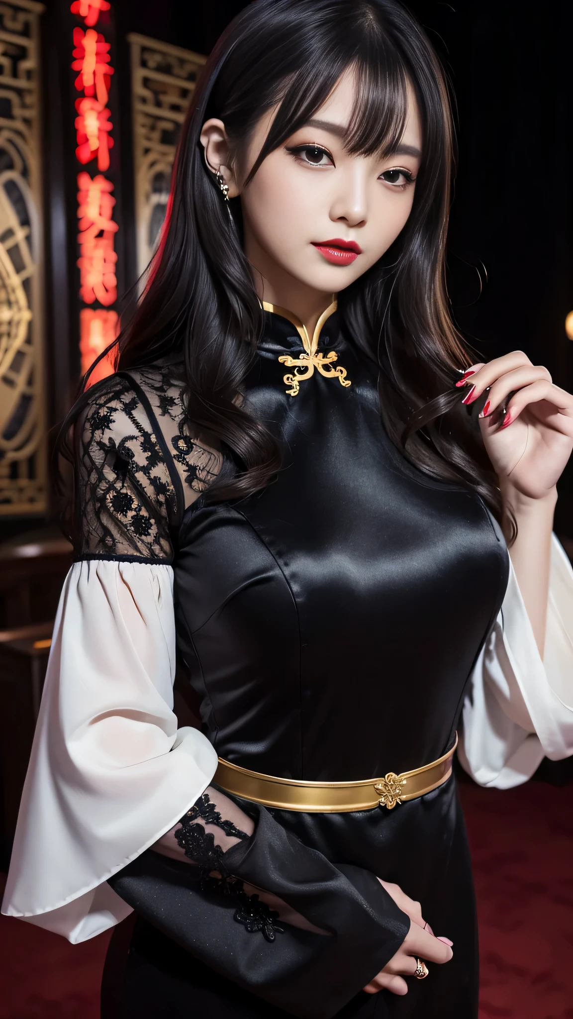 tra-detailed、Japanese、attractive beauty、seductive adult woman、pretty woman、piercing eyes、cool girl、wavy hair、swept bangs、Long Black and Gold Cheongsam、wide sleeves、Evil cadres、evil depravity、brainwash、mind control、lipstick、lip gloss、dark makeup、smirk、whisper in your ear、Evil expression、evil、hollow eyes,half-closed eyes、empty eyes、evil、church at night、vampire、succubus、vampire、Swear allegiance、sexy pose