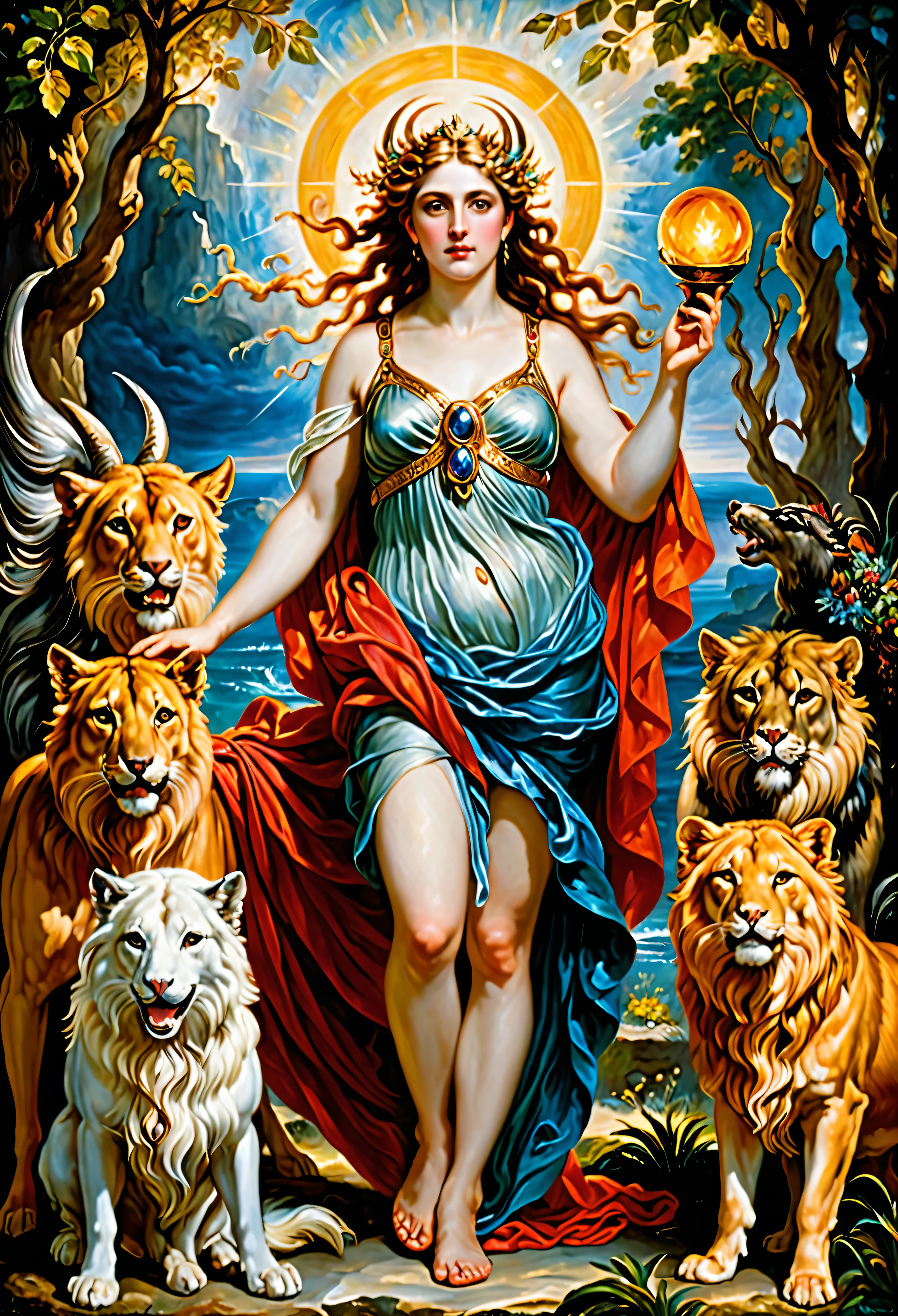 an oil painting art piece depicting the Greek Goddess Circe from Greek or Roman mythology, inspired by Peter Paul Rubens' painting style. Capture Circe's magical and enchanting presence as she stands with a mystical aura, surrounded by enchantments and mythical creatures. Infuse the painting with vibrant colors, dramatic lighting, and intricate details characteristic of Rubens' dynamic and emotive style. Let Circe's power and beauty shine through in a captivating portrayal that brings her mythological essence to life on the canvas, masterpiece, award winning, best quality, highly detailed, flawless artwork, beautiful nature in background, 