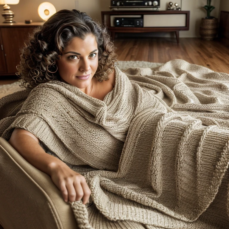 (masterpiece, high resolution, photo-realistic:1.3), Karla Jaeger reclining on a vintage-inspired couch in a cozy retro living room, her (deep hazel eyes:1.2) sparkling with warmth, (soft curls:1.2) framing her face, wrapped in a (retro knit blanket:1.2) with a playful pattern, a record player and vinyl collection nearby, adding a nostalgic touch to the ambiance
