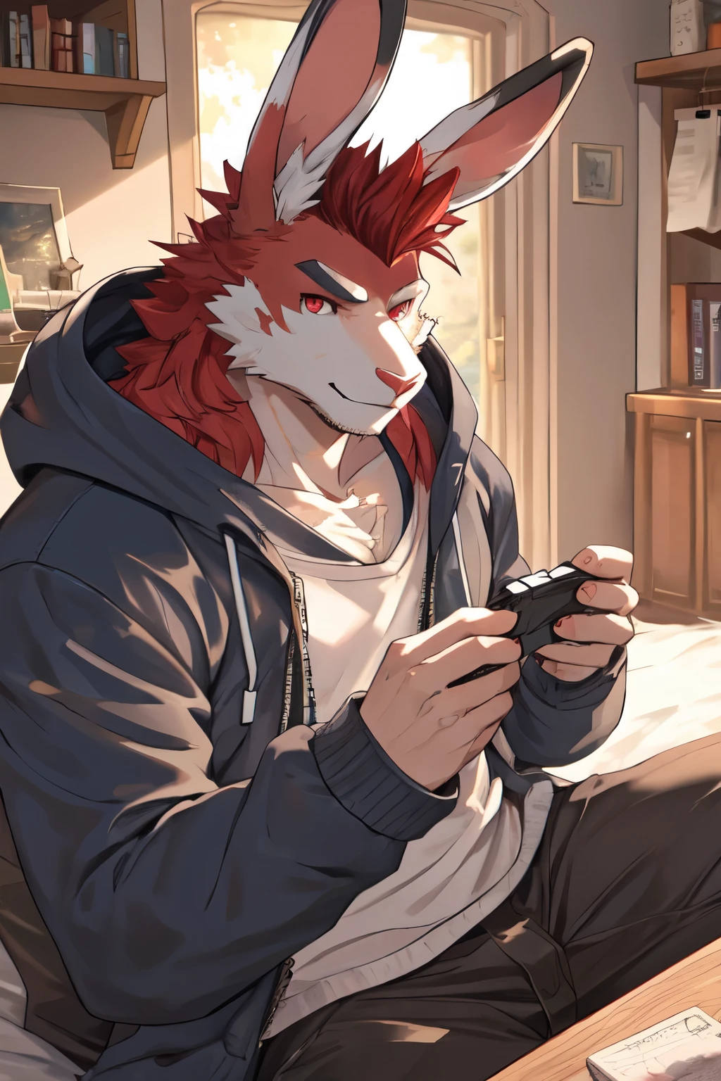 ((best quality)), ((masterpiece)), (detailed), perfect face, bara furry, rabbit man, big body, white skin, short quiff red hair, red eyes, perfect eyes, long rabbit ears, handsome, at home, blue hoodie, playing game