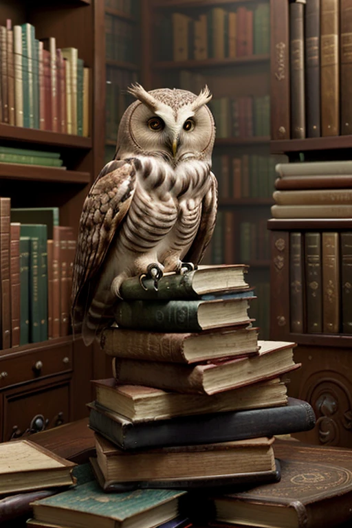 A mythological owl sitting on several books in a magical library. climate of mystery, beleza, magia