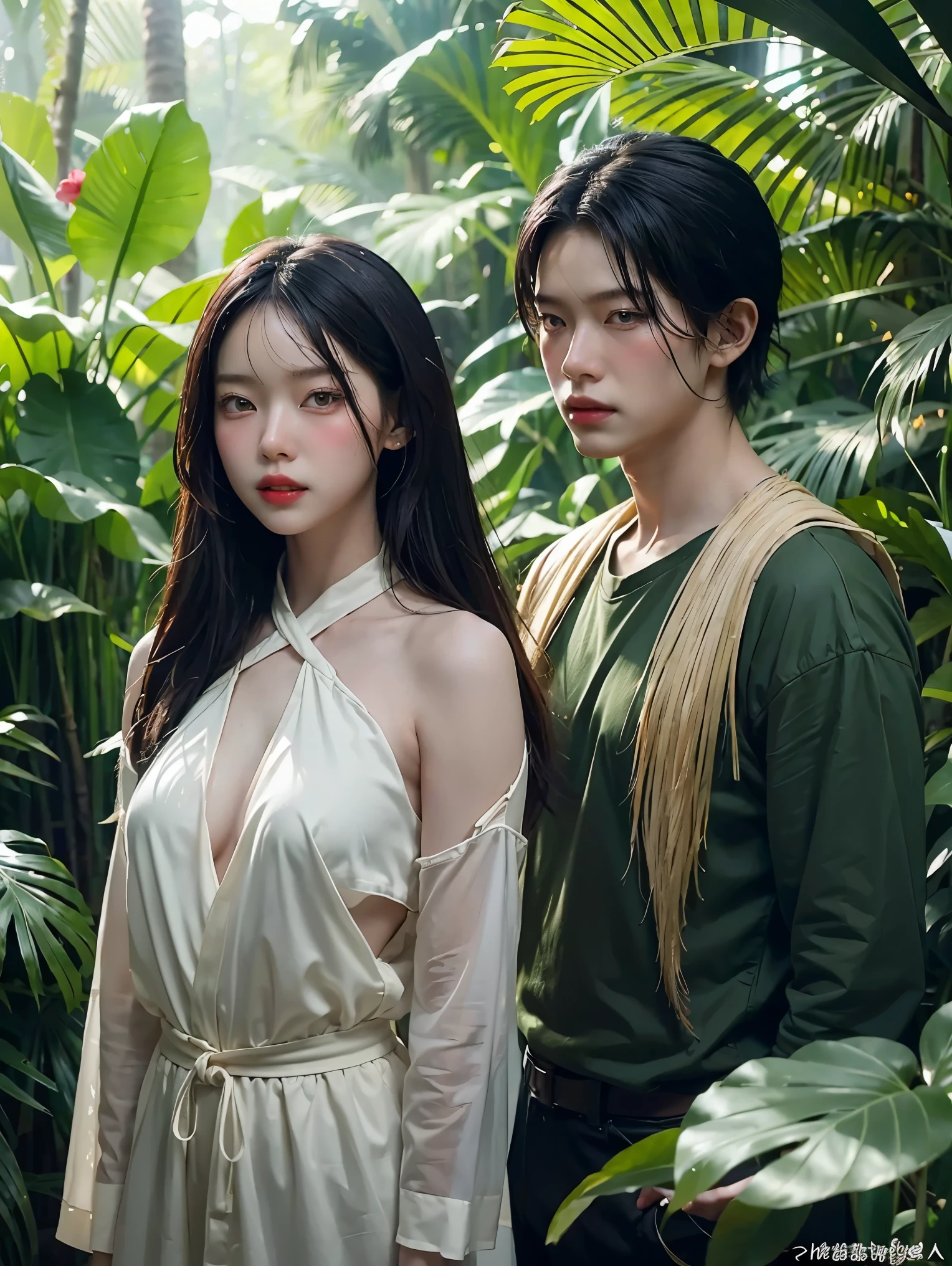 there are two people standing in a jungle with plants, artwork in the style of guweiz, inspired by Yanjun Cheng, in a tropical forest, by Yang J, in the art style of bowater, 🌺 cgsociety, loish and ross tran, in a jungle, by Ni Tian, by Ryan Yee, loish and wlop
