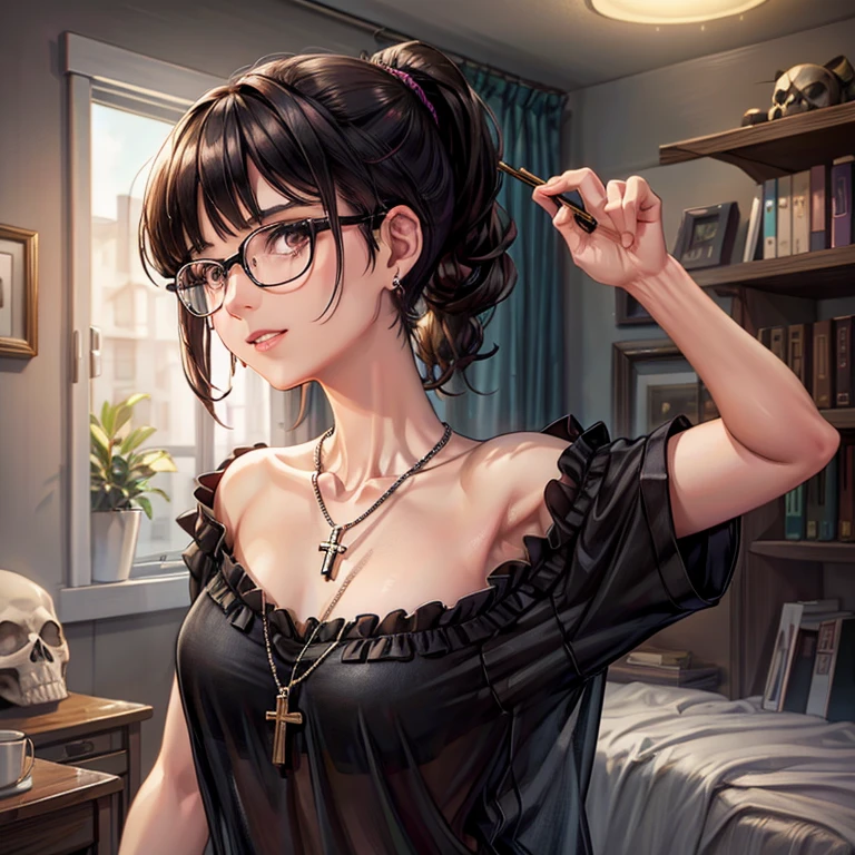 1 girl, glasses, brown eyes, black hair, bangs, transparent black pajamas, short hair, skull earrings, ponytail, medium layer hair, medium breasts, high quality, armpits, looking at viewer, detailed room, necklace cross, medium shot.