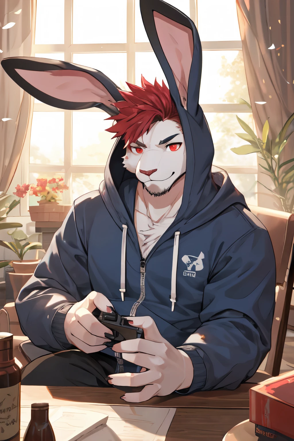 ((best quality)), ((masterpiece)), (detailed), perfect face, bara furry, rabbit man, big body, white skin, short quiff red hair, red eyes, perfect eyes, long rabbit ears, handsome, at home, blue hoodie, playing game
