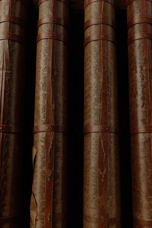 7 ancient scrolls weathered parchment with a red wax seal, each seal with different symbol Celestial and ethereal atmosphere with rays of divine light emanating over the scrolls
Texture of aged leather parchment with natural cracks and stains from the leather desert and arid outdoor environment
