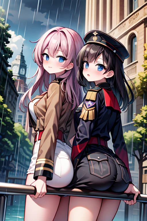2 ragazze diverse viste da dietro,ass support,guardandole da dietro,grande culo,grandi tette,felice di stare con te,enorme culo,enormi tette,ultra-highres, ultra-detailed, best quality,perfect hands,2 ragazze,holding stick,WW1 uniform,trench,rain