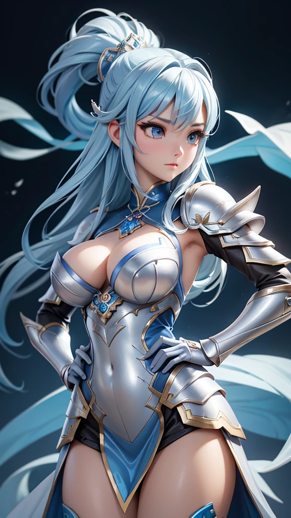 a close up of a woman in a silver and blue dress, chengwei pan on artstation, by Yang J, detailed fantasy art, stunning character art, fanart best artstation, epic exquisite character art, beautiful armor, extremely detailed artgerm, detailed digital anime art, artgerm on artstation pixiv, armor girl, hands on hips, leaning forward