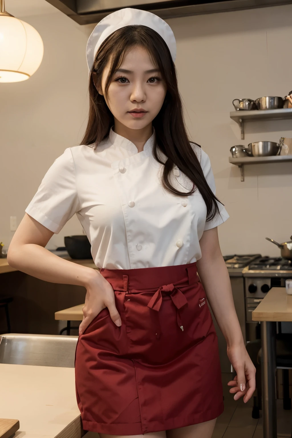 sexy japanese wearing chef uniform cum in her chest restaurant background