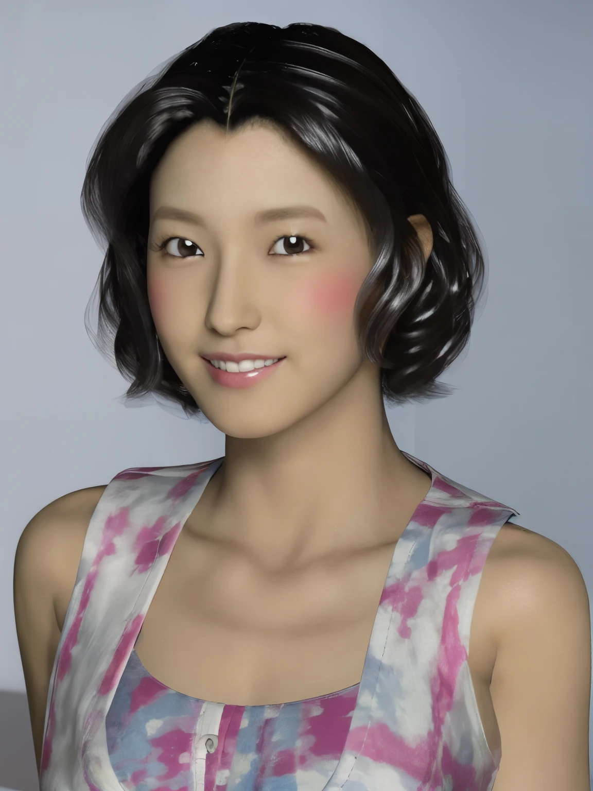 (masterpiece:1.3), (8K, realistic, Raw photo, highest quality: 1.4), Japanese, (1 girl), beautiful face, (realistic face), (black hair, short hair:1.3), beautiful hairstyle, realistic eyes, detailed and beautiful eyes, (realistic skin), beautiful skin, Charm, ultra high resolution, surreal, very detailed, golden ratio, detailed face,looking at the viewer,smile,open white shirt,medium breasts,Are standing,put your hand on your waist