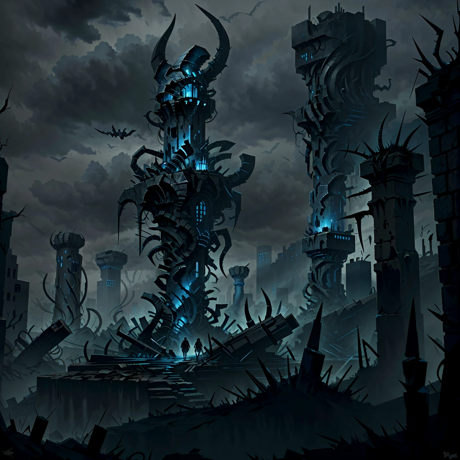 A painting of a city surrounded by horrible monuments and horror sculptures with thorns. The city is dark and gloomy, and there are no lights or people in sight. There are monuments and sculptures with sharp teeth and a long tail stands in the middle of the city. The scene is reminiscent of a heavy metal album cover, dark and foreboding. Dark and blue pallet. Color illustration., illustration, painting