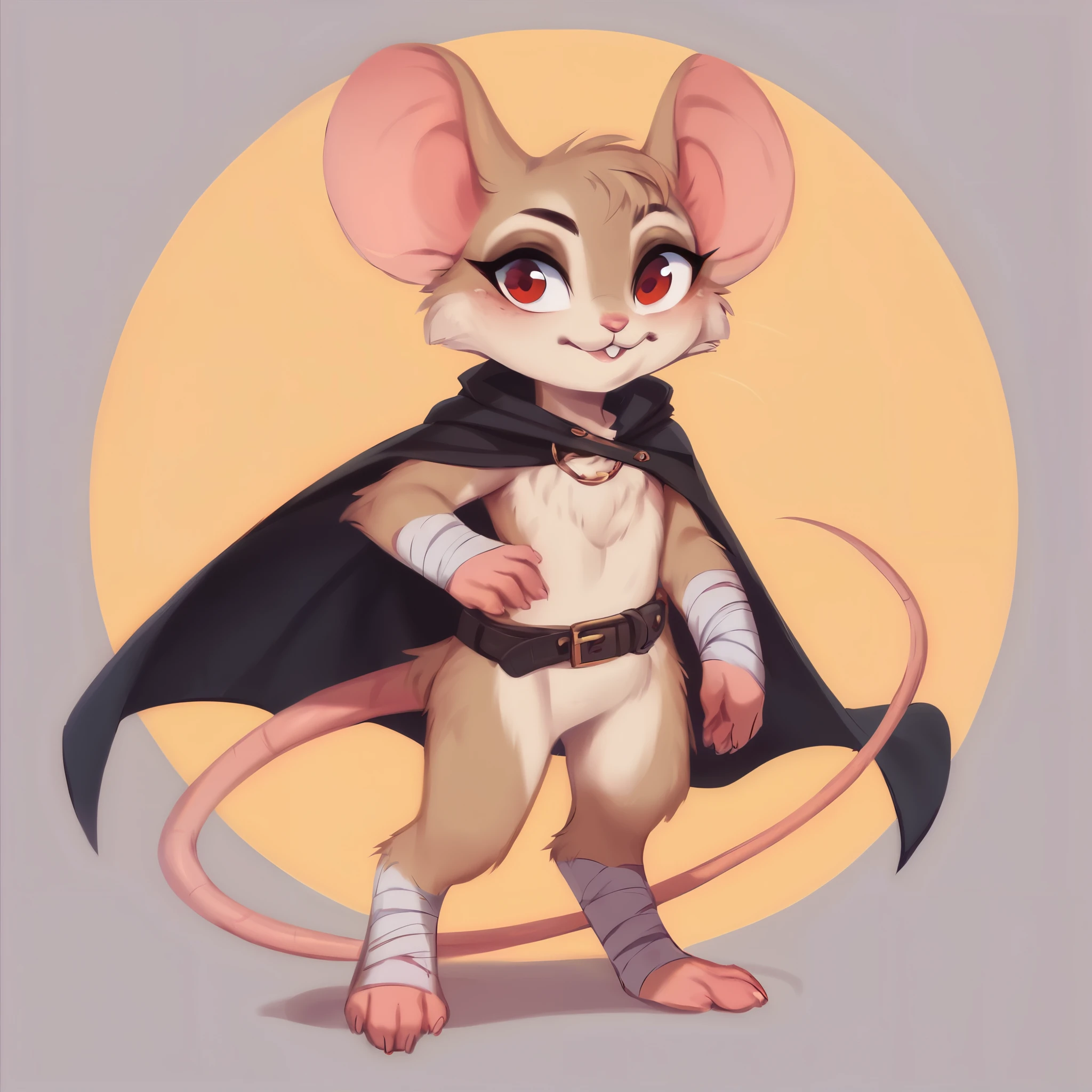 score_9, score_8_up, score_7_up, score_6_up, score_5_up, score_4_up, show accurate, full body, simple background, (solo), (semi anthro), mouse, female mouse, fur body, ultra fine fur, standing, red eyes, (light brown dull fur), black color open cape, (arms and legs covered in black bandages), leather belt backpack, small leather breastplate in the shape of a pentagon,